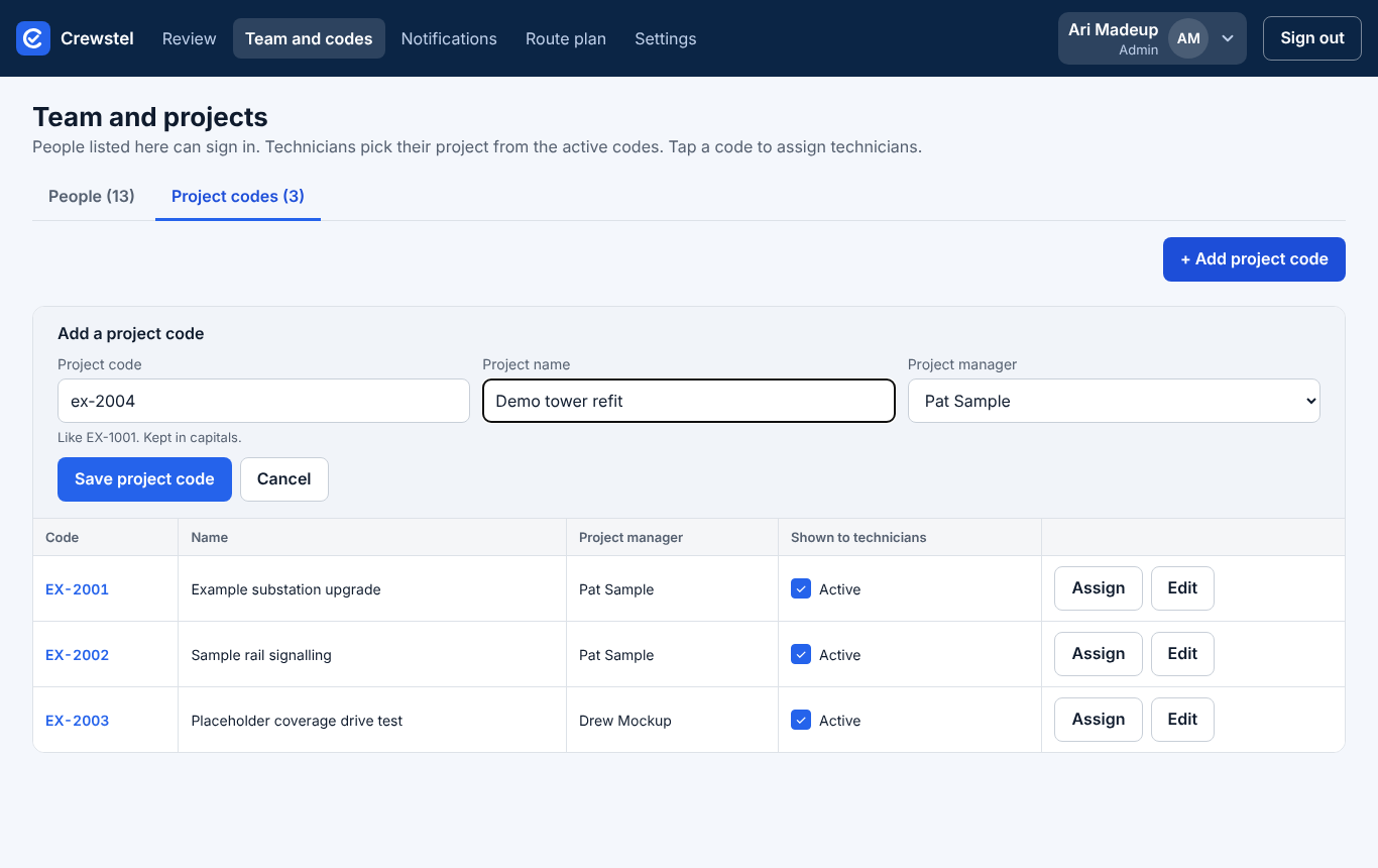 Adding a project code
