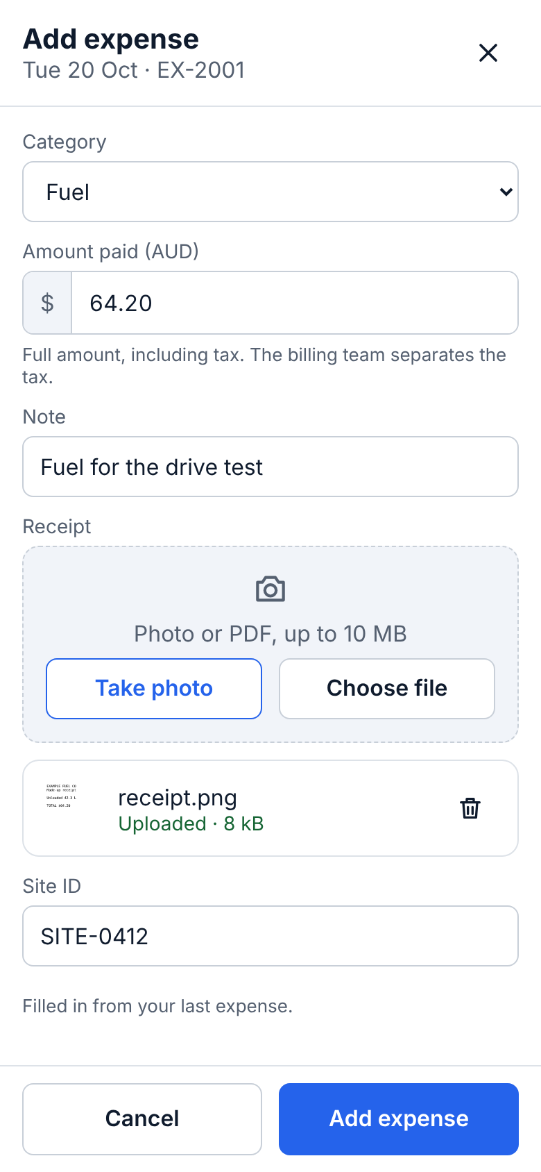 Add expense with a fuel receipt uploaded