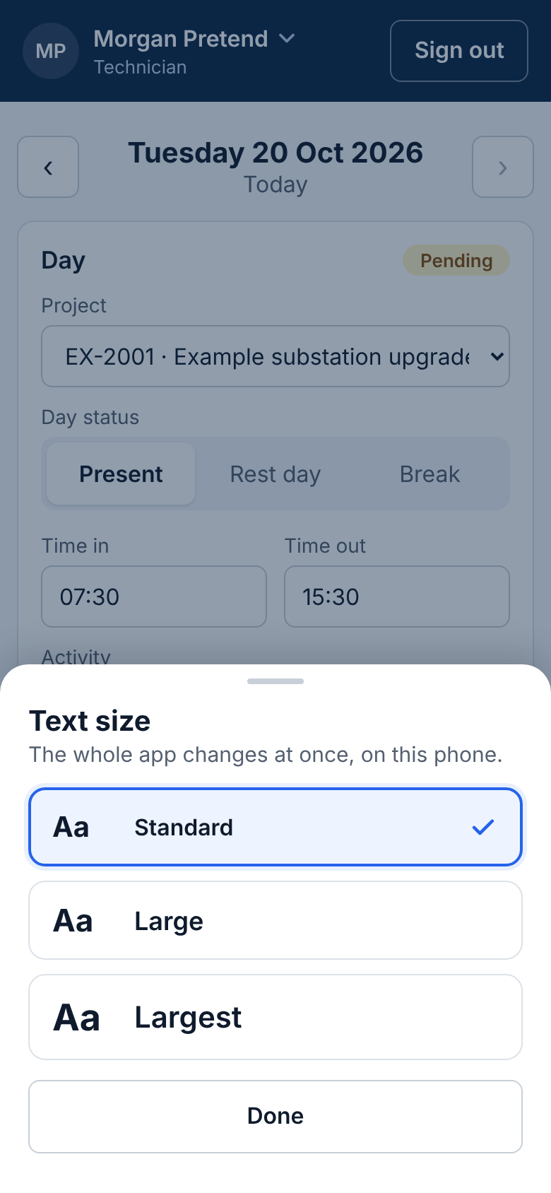 Text size: Standard, Large or Largest
